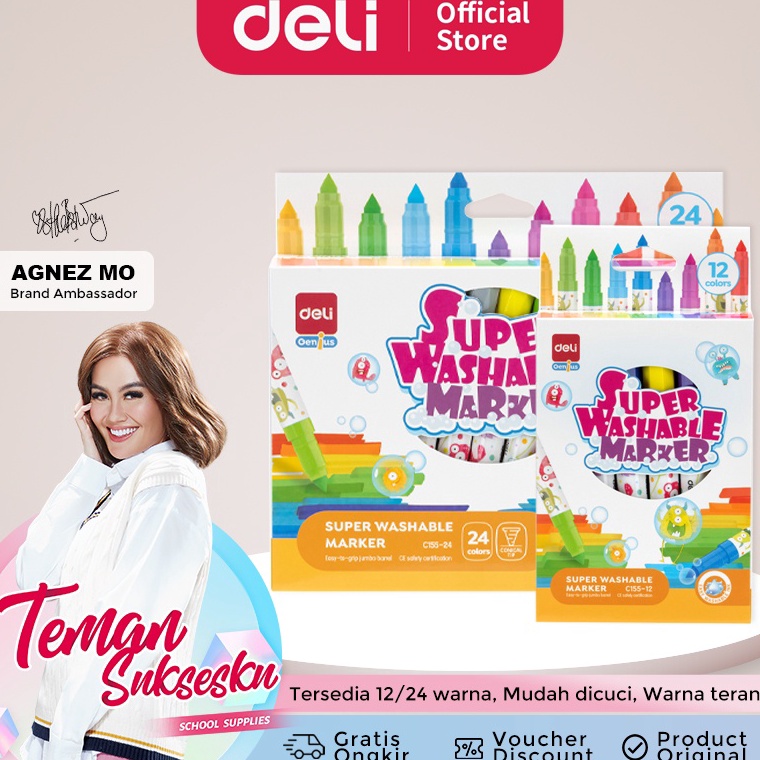 

Terjamin Deli Washable Marker Spidol Warna Anak 12 24 Warna Mudah dicuci Tersertifikasi Aman EC155