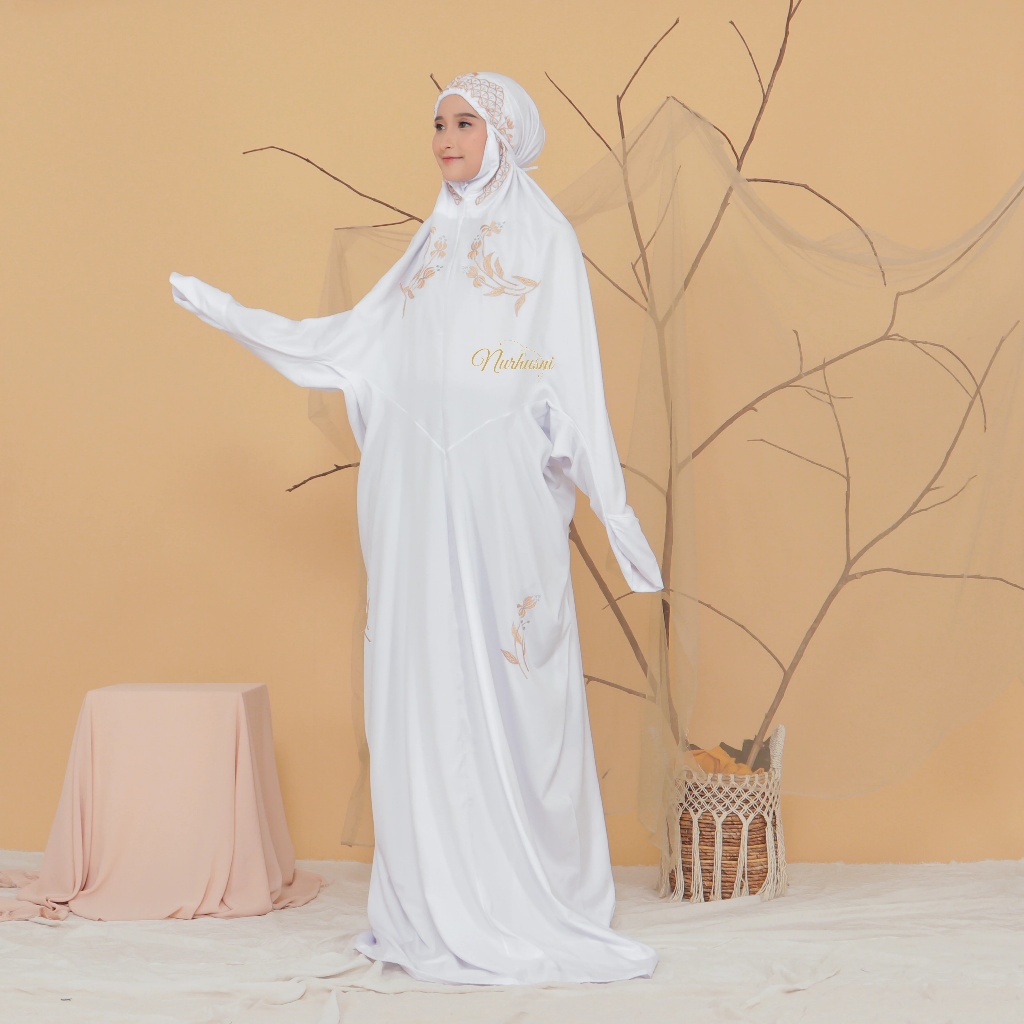 Mukena Dewasa Terusan Jumbo Bordir Manual Daifa |Telekung DewasaJumbo |Mukena Katun putih