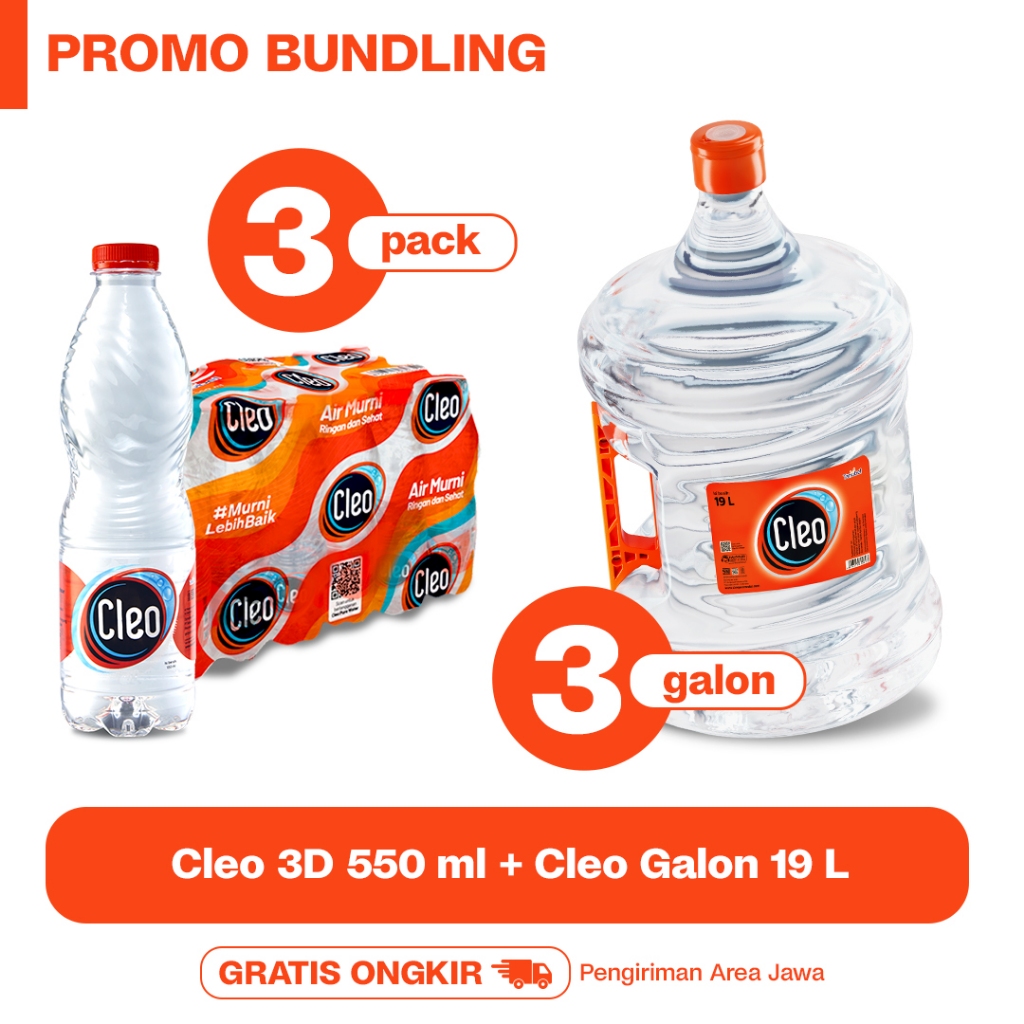 

Paket Hemat Air Murni Cleo 3D 550 ml SR 3 packs & Cleo 19 L 3 Galon