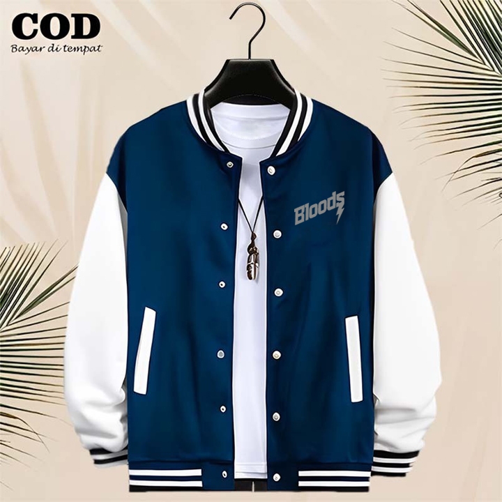 BISA COD Jaket Bomber Varsity Baseball Kancing Bloods Text Silver Jaket Varsity Pria / Baseball Dist