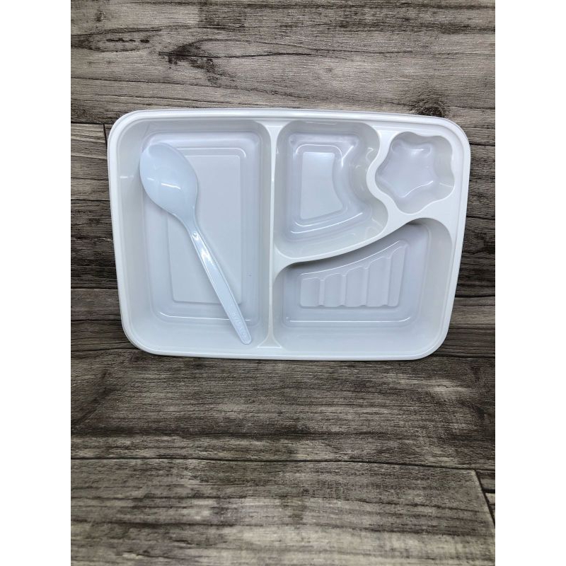 (ISI 25PCS) Mika Bento Sekat 4 PUTIH + Sendok/Tray Bento/Box Bento/Food Container