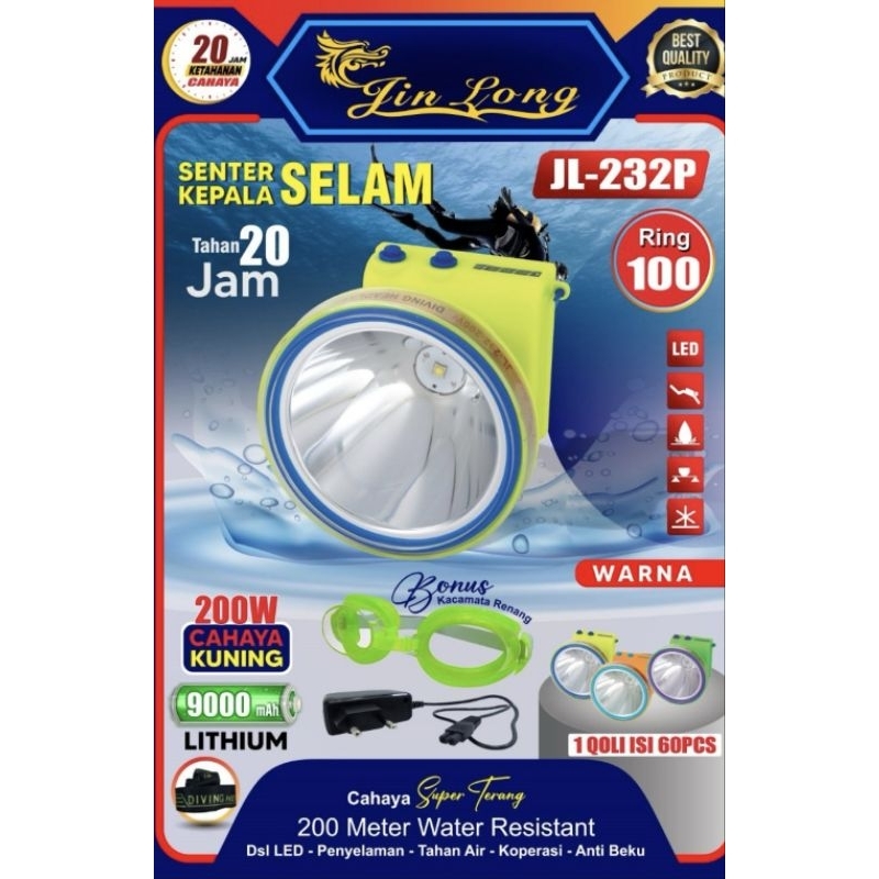Senter Kepala Selam LED Jin Long JL-232K 200W JL-232 250W - Cahaya Terang untuk Penyelaman dan Kegia