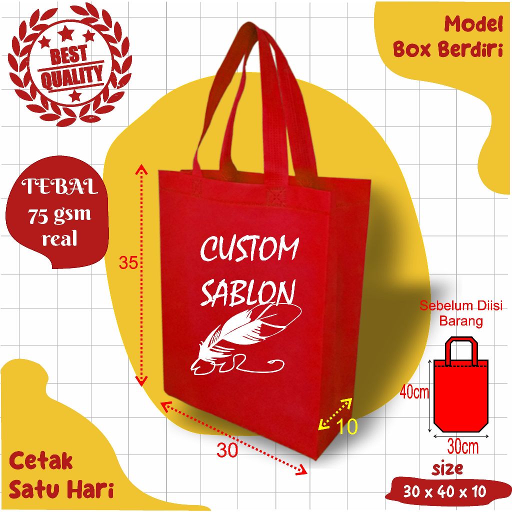 

TAS SPUNBOND CUSTOM BOX BERDIRI 30X35x10 UNTUK TAS SOUVENIR, SYUKURAN, PROMOSI, BANSOS, CLOTHING
