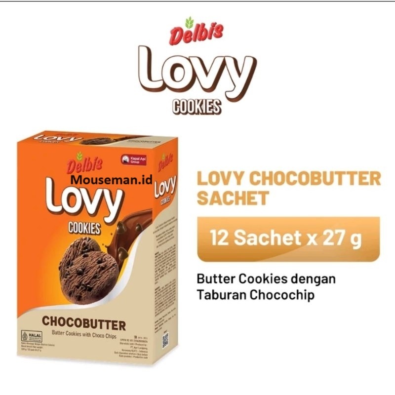 

Delbis Lovy Cookies Butter Cookies with Choco Chips Choco Butter / PREMIUM chocolate EXTRA TEBAL Kukis Mentega dengan Butiran Cokelat CHOCOBUTTER 27gr