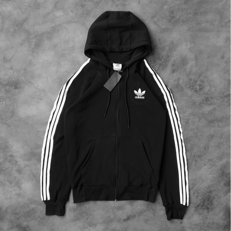 Jaket Sweater Zipper ADIDAS Hitam Stripe Three Putih Fulltag + Aksesoris