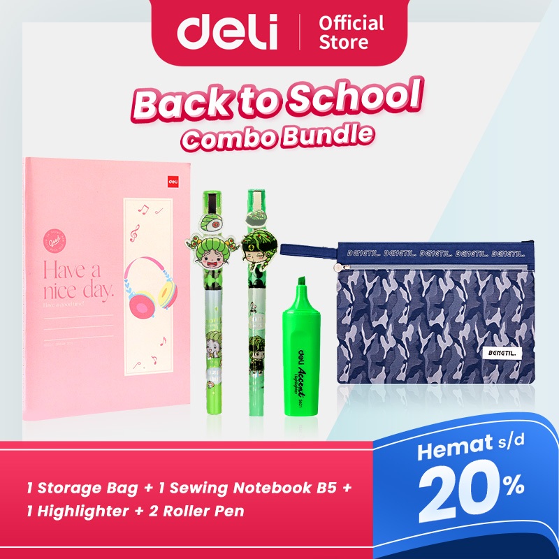 

DELI "BACK TO SCHOOL" BUNDLE - 1 Storage Bag, 1 B5 Sewing Notebook, 1 Highlighter, 2 Roller Pen