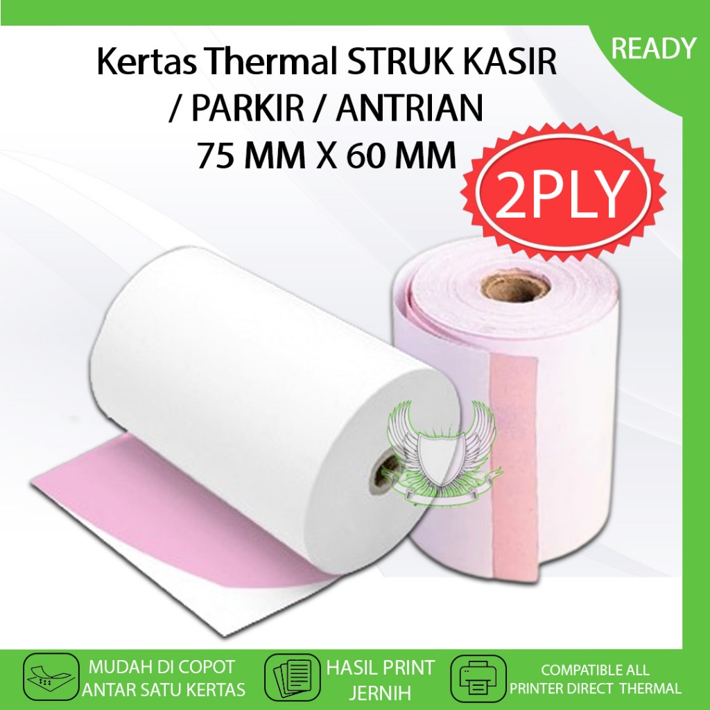 

Kertas Thermal Nota Struk Toko Kasir 75 MM X 60 MM 2 PLY HVS Print Kwitansi Bon Belanja Parkir Antrian