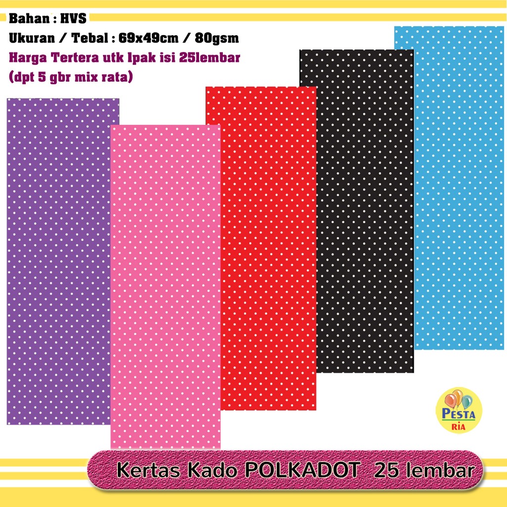 

Murah!! (1Set isi 25Lmbr) Kertas Kado motif Polkadot, Kertas kado motif, Bungkus kado motif Polkadot 5 Warna