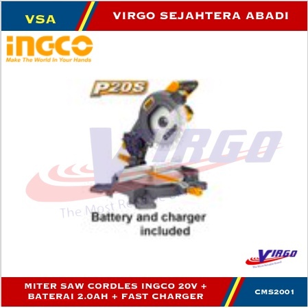 PAKET 2AH CMS2001 MITER SAW CORDLES INGCO 20V + BATERAI 2.0AH + FAST CHARGER
