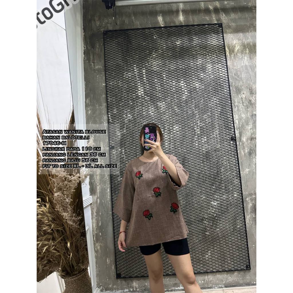 ATASAN WANITA 17046-H PAKAIAN IMPORT APLIKASI BUNGA BORDIR FIT TO UK LD 110 CM FIT TO XL-3L BISA COD