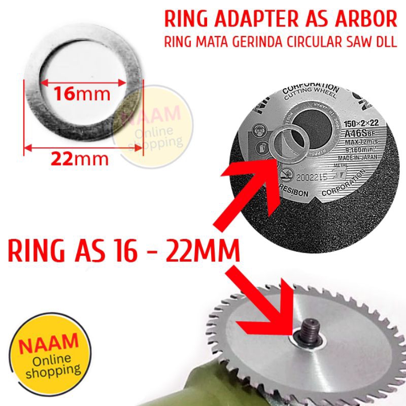 RING MATA GERINDA 16 X 22 MM - ADAPTER RING ARBOR LUBANG KONVERTER REDUCER CIRCULAR SAW DIAMOND WHEE