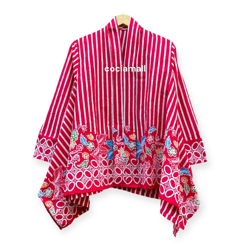 Atasan Blouse Batik Jumbo Wanita Modern Lengan Panjang Warna Salur Merah Bahan Katun Warna Navy Biru