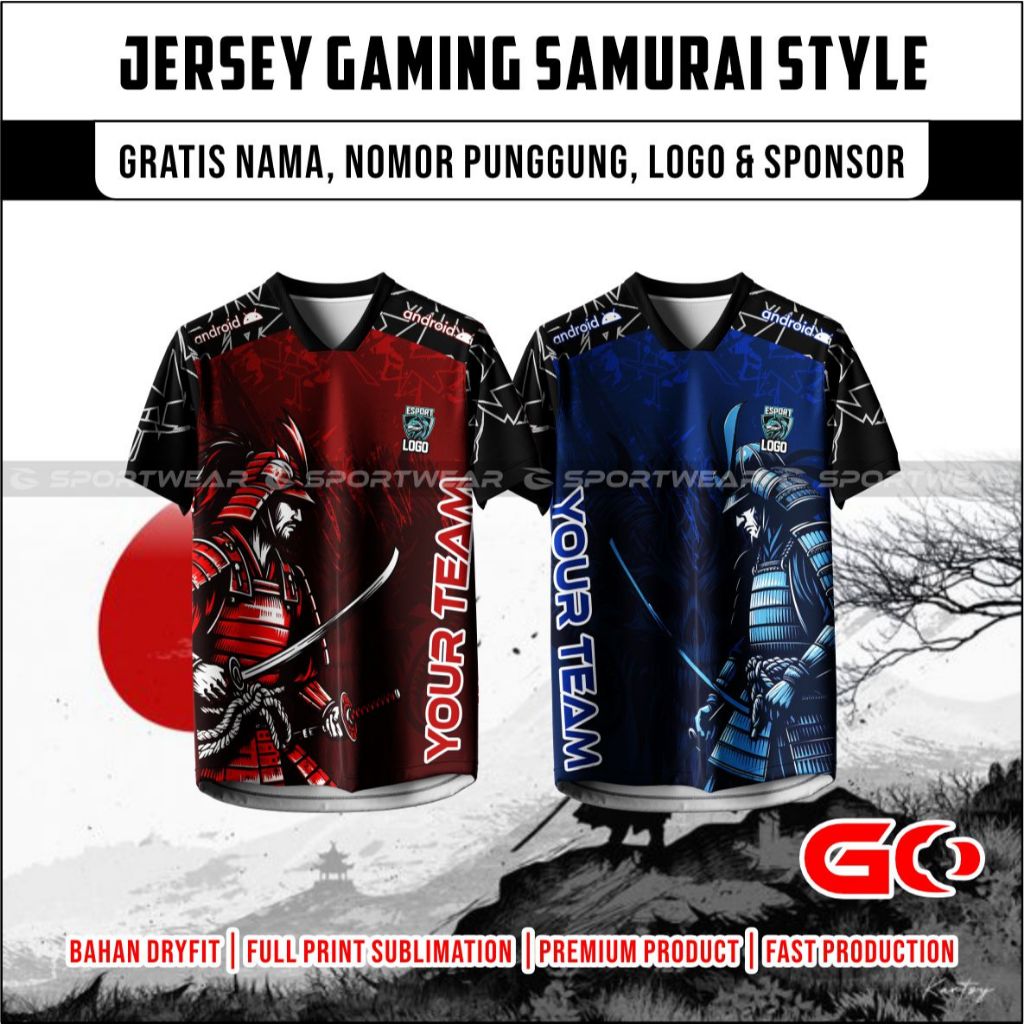 Jersey Baju Gaming CUSTOM Esport SAMURAI Terbaru GRATIS NAMA & LOGO