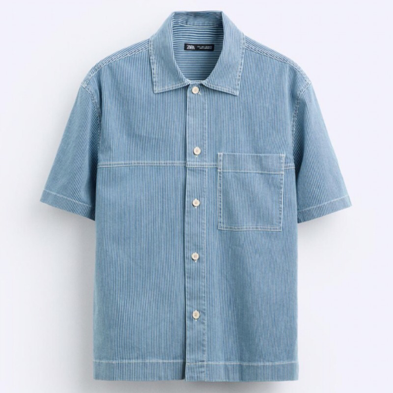 ZARA Men Striped Shirt Kemeja Pria Lengan Pendek Blue
