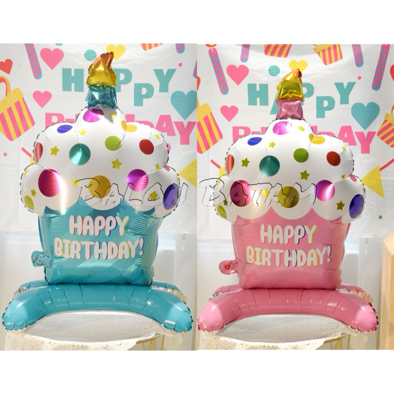 Balon Foil Cup Cake Happy birthday stand