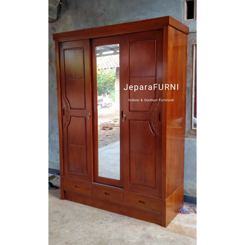 LEMARI PAKAIAN MINIMALIS 3 PINTU JATI JEPARA I LEMARI BAJU JATI JEPARA I WARDROBE