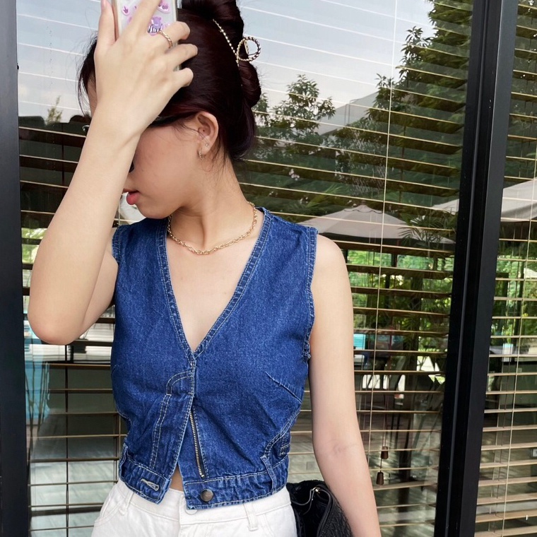 Harga Murah Oslo Crop Tank Jeans Top Denim Tank Pakaian Wanita Baju Bahan Jeans  Haute Clothe