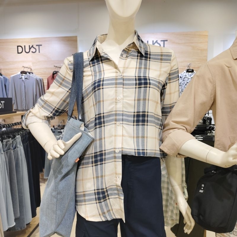 DUST KEMEJA WANITA KOTAK KOTAK CREAM LENGAN PANJANG
