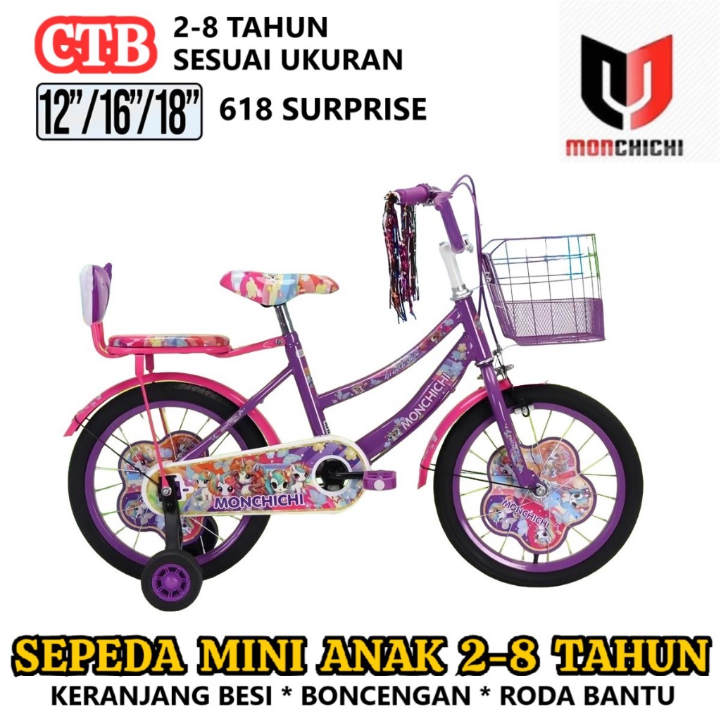 Monchichi Sepeda Kota MC618 Surprise Mini CTB 12 16 18 Inci Keranjang Roda Bantu Anak 2-8 Tahun