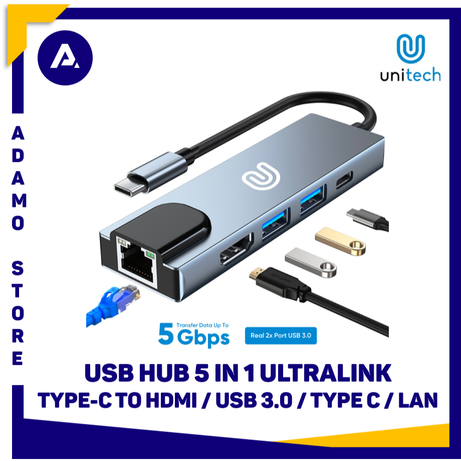 Unitech Converter Adaptor 4K 5in1 Type-C to HDMI + USB 3.0 + LAN + Type-C USB Hub