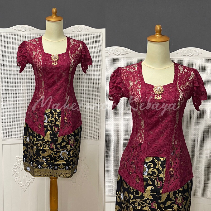 Kebaya Bali Set Brukat Lilit Maron Rok Pendek