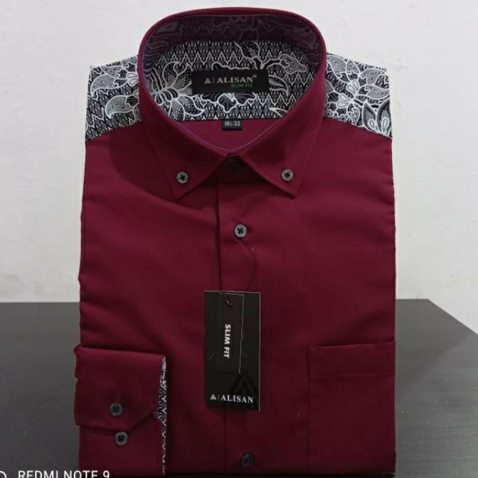 Bonus Kemeja Alisan Slim Fit Maroon Kombinasi Batik Lengan Panjang