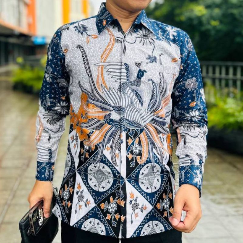 Batik Pria Biru Kemeja Batik Pria Biru Putih Lengan Panjang Bahan Katun Lapis Furing Motif Terbaru B