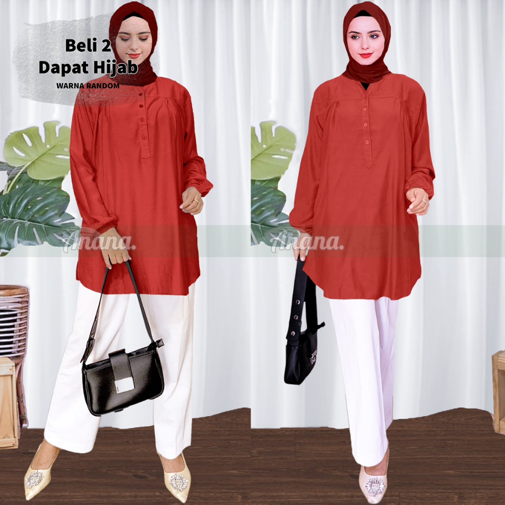 Baju Kemeja Blouse Wanita Busana Muslim Dewasa Merah Bata