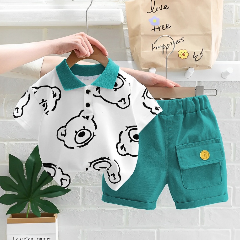 C68 Zahra  Setelan Baju Anak Laki Laki Bear Polo  Set Kids Lembut Terbaru Umur 1 Tahun  5 Tahun Out 