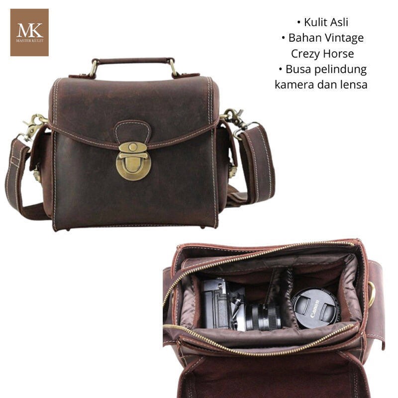 Tas Kamera Kulit Asli Travel Vintage Kecil Multifungsi Mk.036