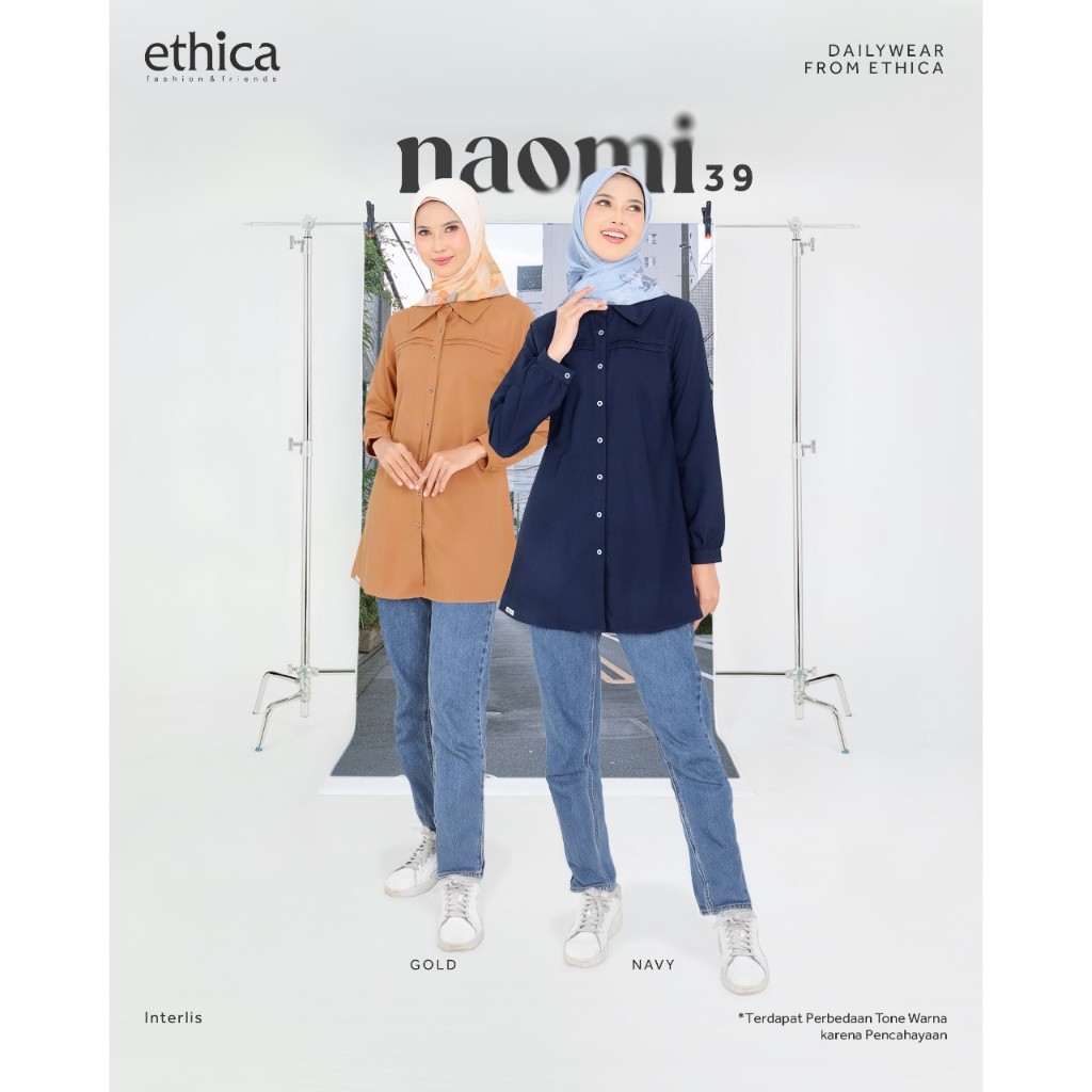 Ethica Naomi 39 Gold Navy Interlis Tunik Wanita Variasi Opnaisel Simpel Muslimah Trendy Kekinian