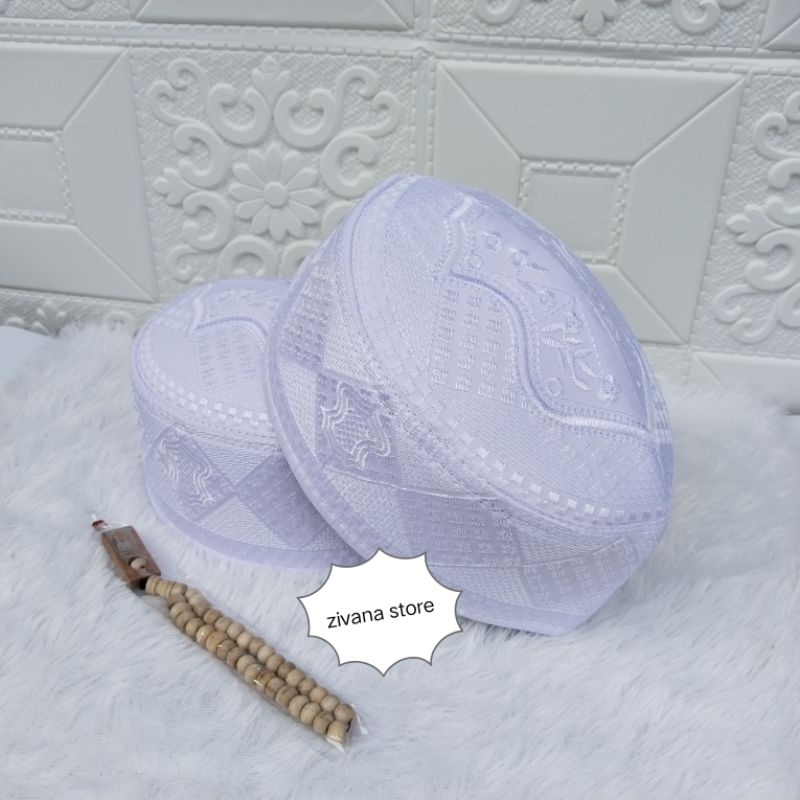 Free Tasbih. Peci Songkok Kopiah Terompah Varian Putih Motif Bordir Tinggi 10 cm. Peci Haji Anak dan