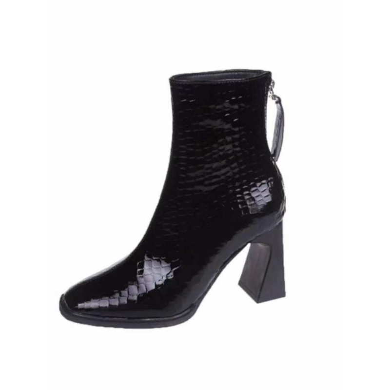 Boots Wanita Heels Tinggi Motif Kulit Ular Hitam Dengan Risleting Fashion Korea Waterproof B80