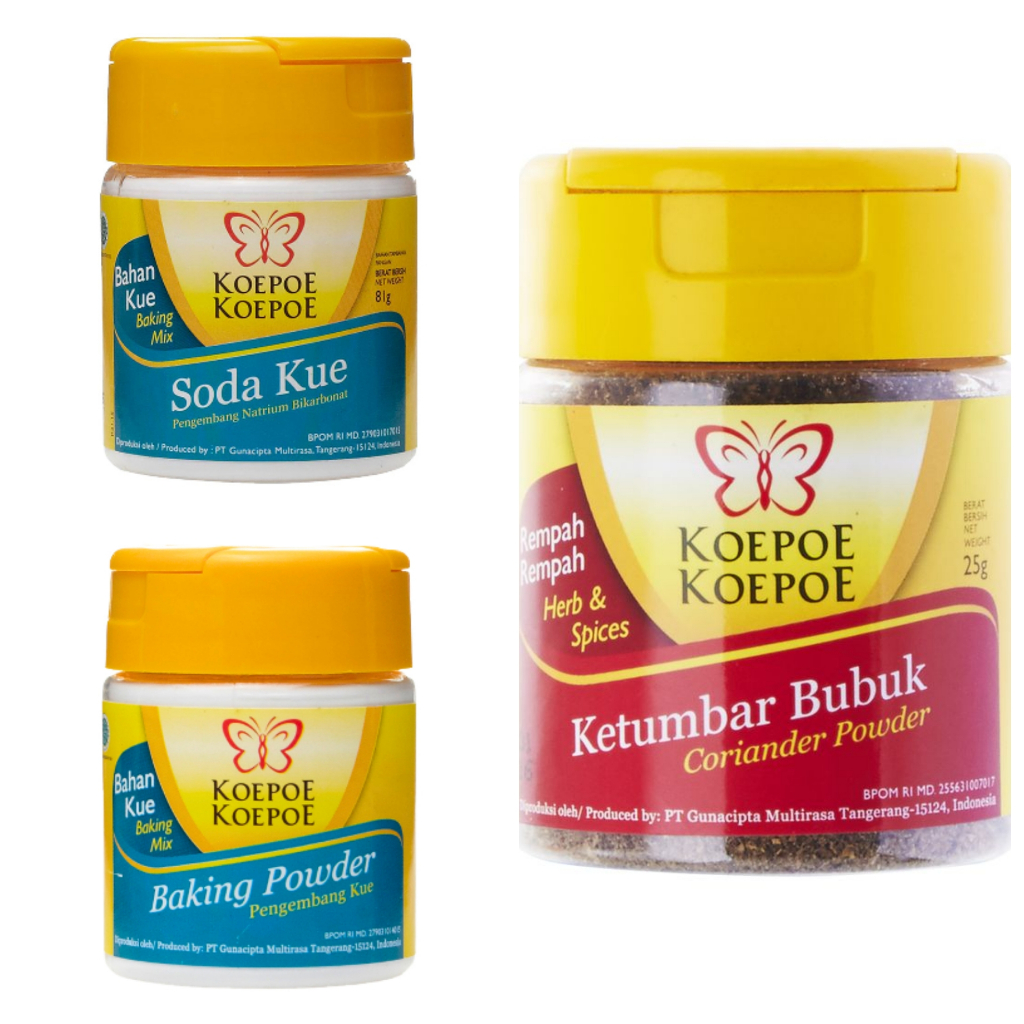 

Koepoe Koepoe Soda Kue 81 g / Baking Powder 45 g / Ketumbar 25 g / Spekoek 25 g / Bawang Putih 64 g