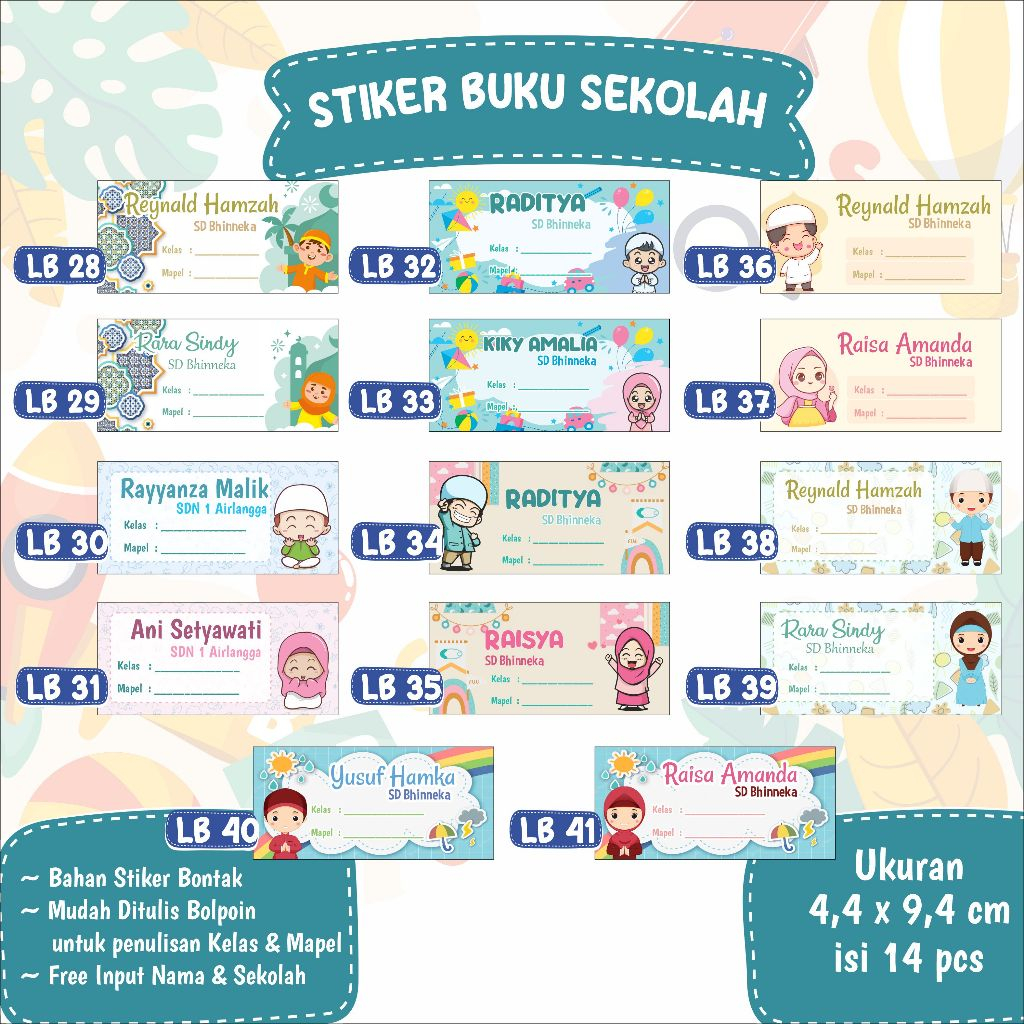 

Isi 35 pcs STIKER CUSTOM NAMA SEKOLAH ANAK ISLAM | LABEL BUKU | STIKER BUKU PELAJARAN SAMPUL KARAKTER LB28