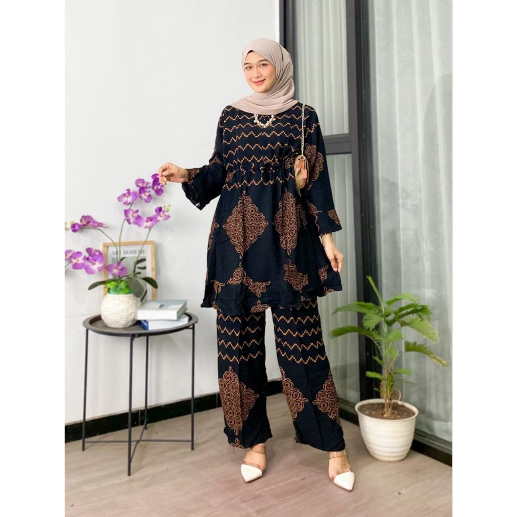 One Set Wanita Kekinian Jumbo Rayon Premium Busui Motif Sonya / Tunik Wanita Setelan Celana Terbaru