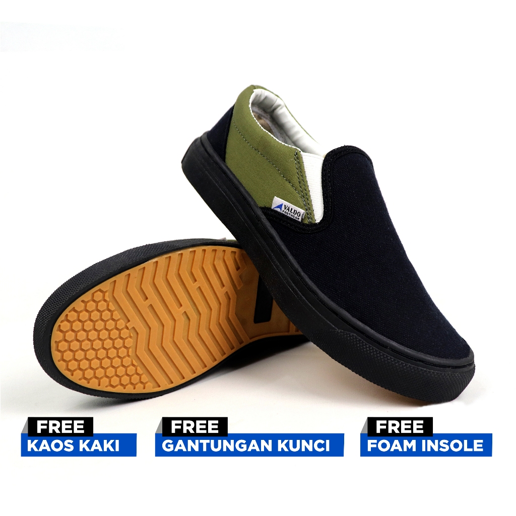 VALDOku Sepatu Pria Dan Wanita Slip On Hitam Hijau Army Casual Flat Shoes