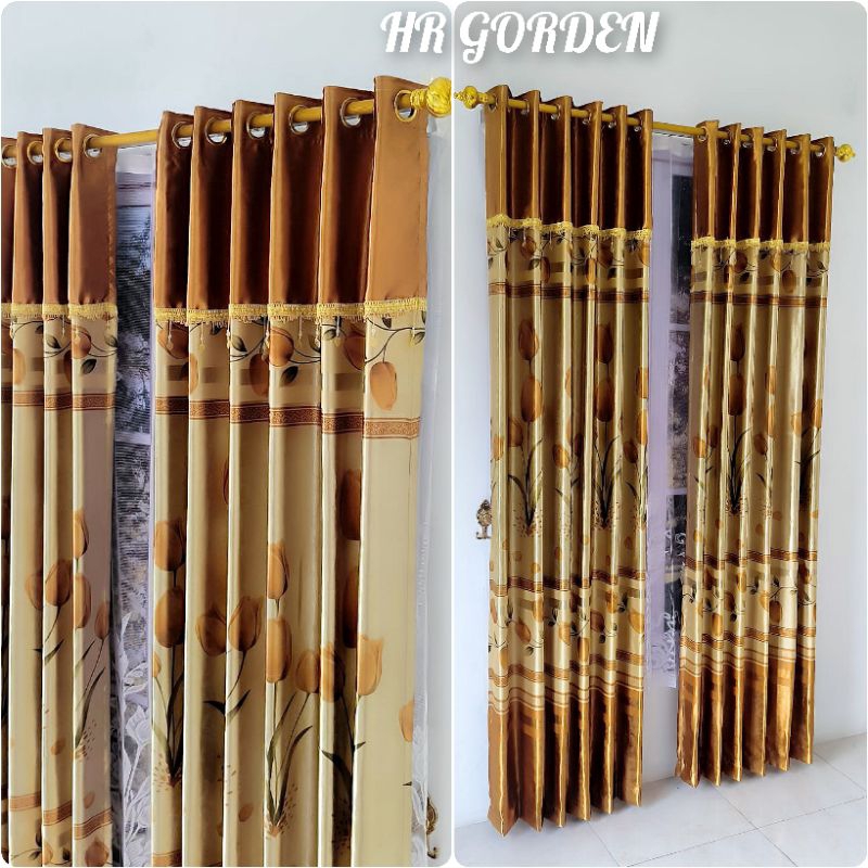 Gorden Blackout Mewah Poni Tempel Pintu Jendela Motif Bunga Tulip Warna Coklat Gold Model Smokring