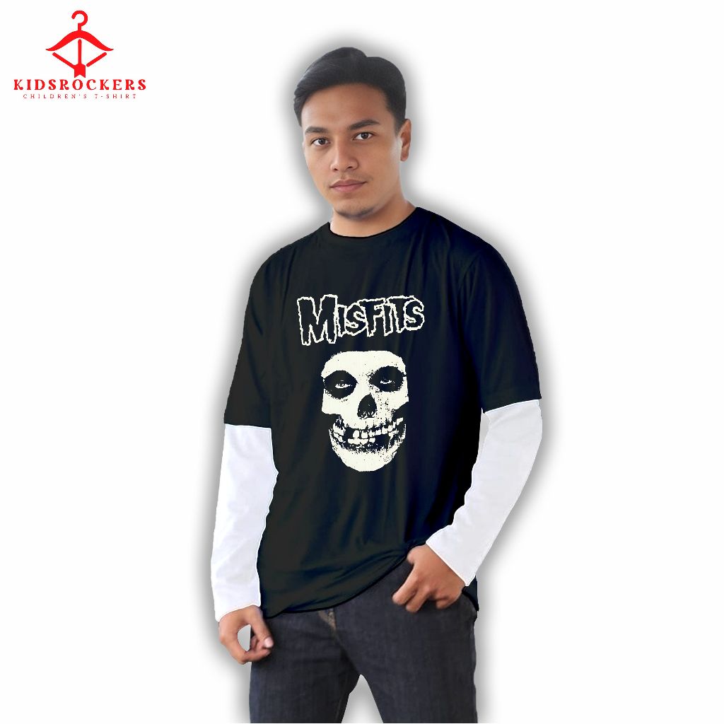 Kidsrockers T-shirt Double layer Misfits skull white long sleeve kaos vintage kualitas distro kualit