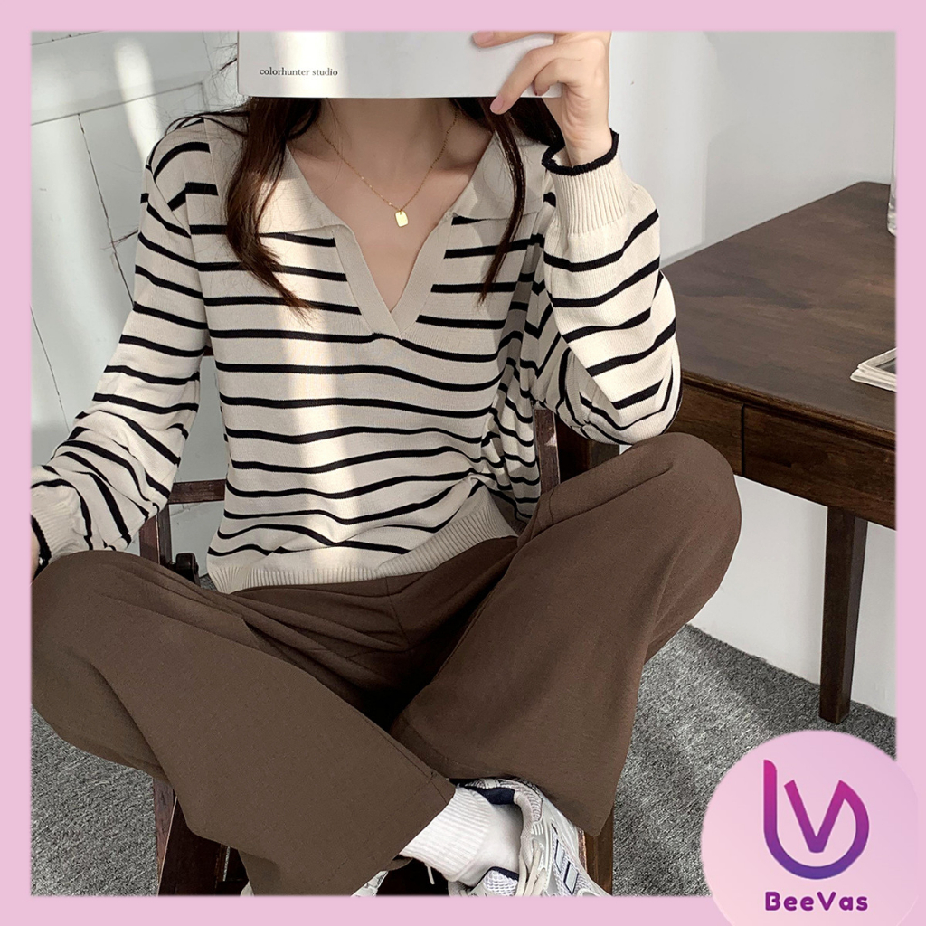 BV.ID BJ1618 Baju Sweater Wanita Garis - Garis Rajut  Lengan Panjang CropTop