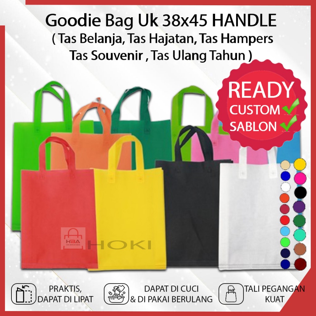 GOODIE BAG HANDLE 1LUSIN 12PCS - TAS SPUNBOND POLOS CUSTOM MODEL UKURAN BESAR 38x45CM