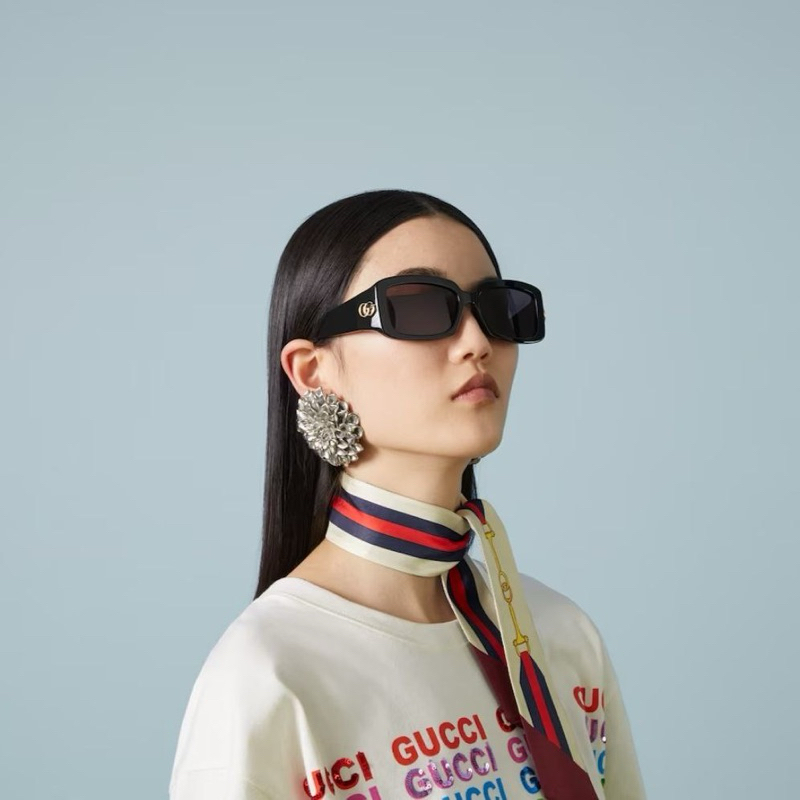 Original Gucci GG Narrow Rectangular Frame Sunglasses in Shiny Acetate