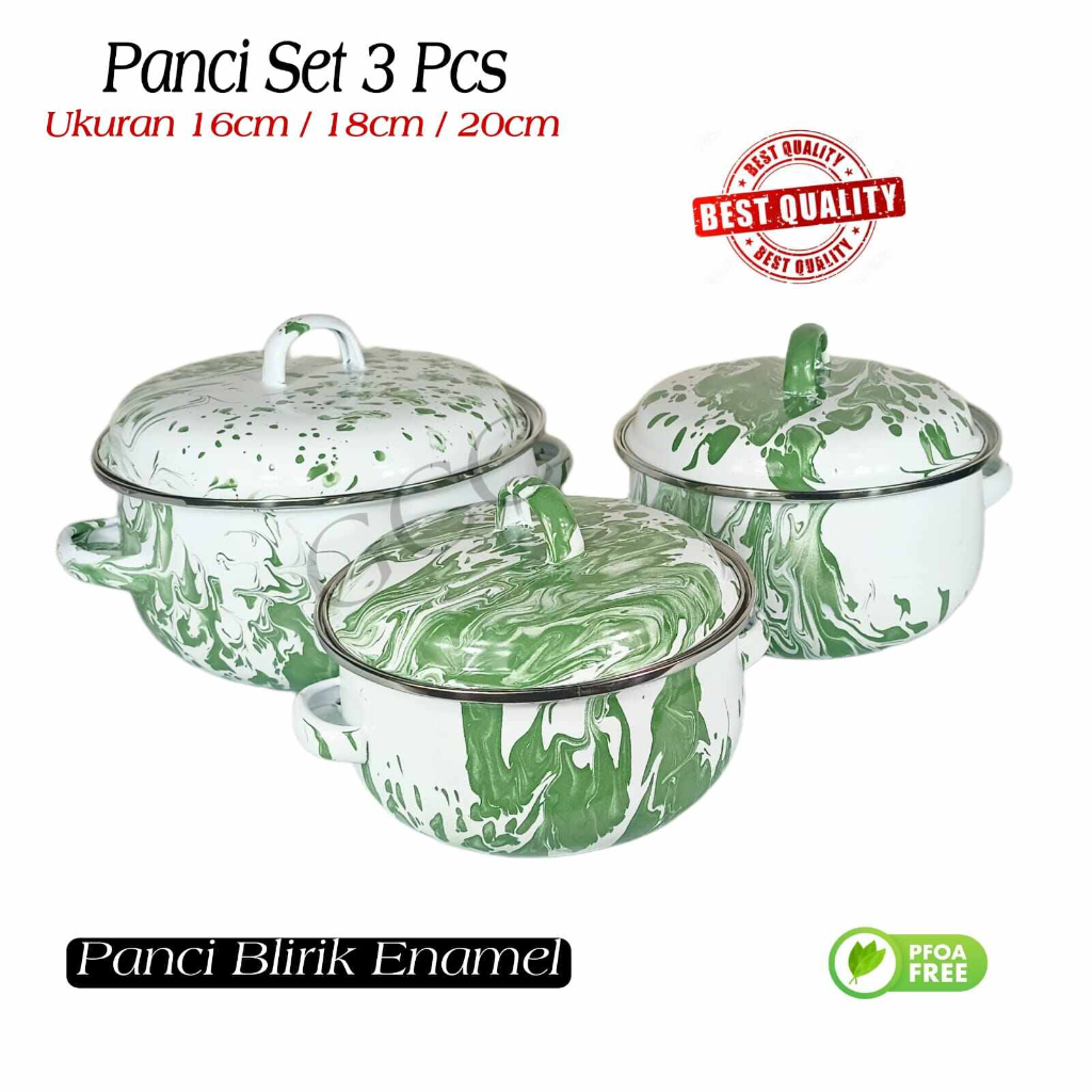 HATAYASHOP-PANCI ENAMEL BLIRIK 3SET / Panci Enamel Blirik 3 Susun Plus tutup blirik hijau panci