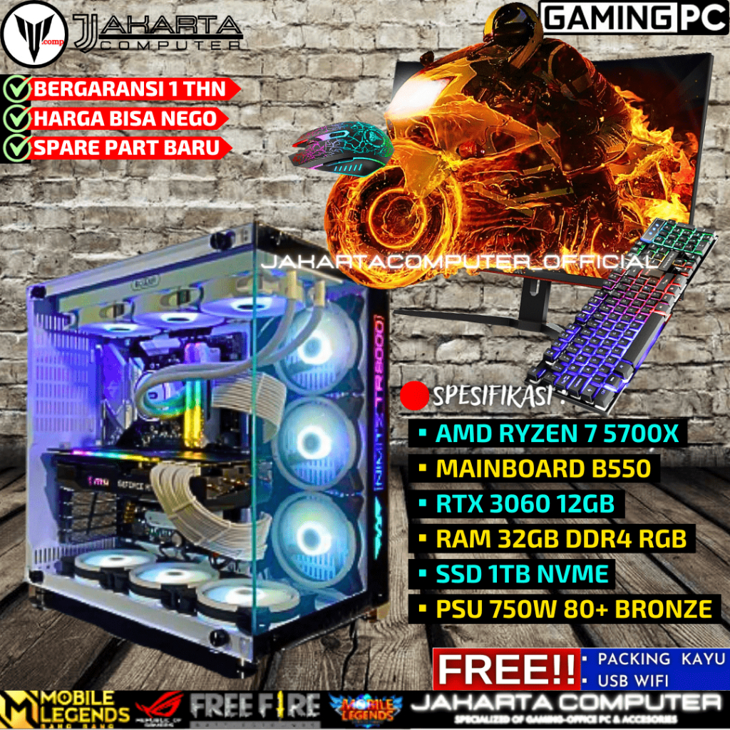 PC GAMING RAKITAN RYZEN 7 5700X RAM DDR4 32GB DDR4 RGB SSD 1TB NVME CPU FULLSET SIAP PAKAI S46
