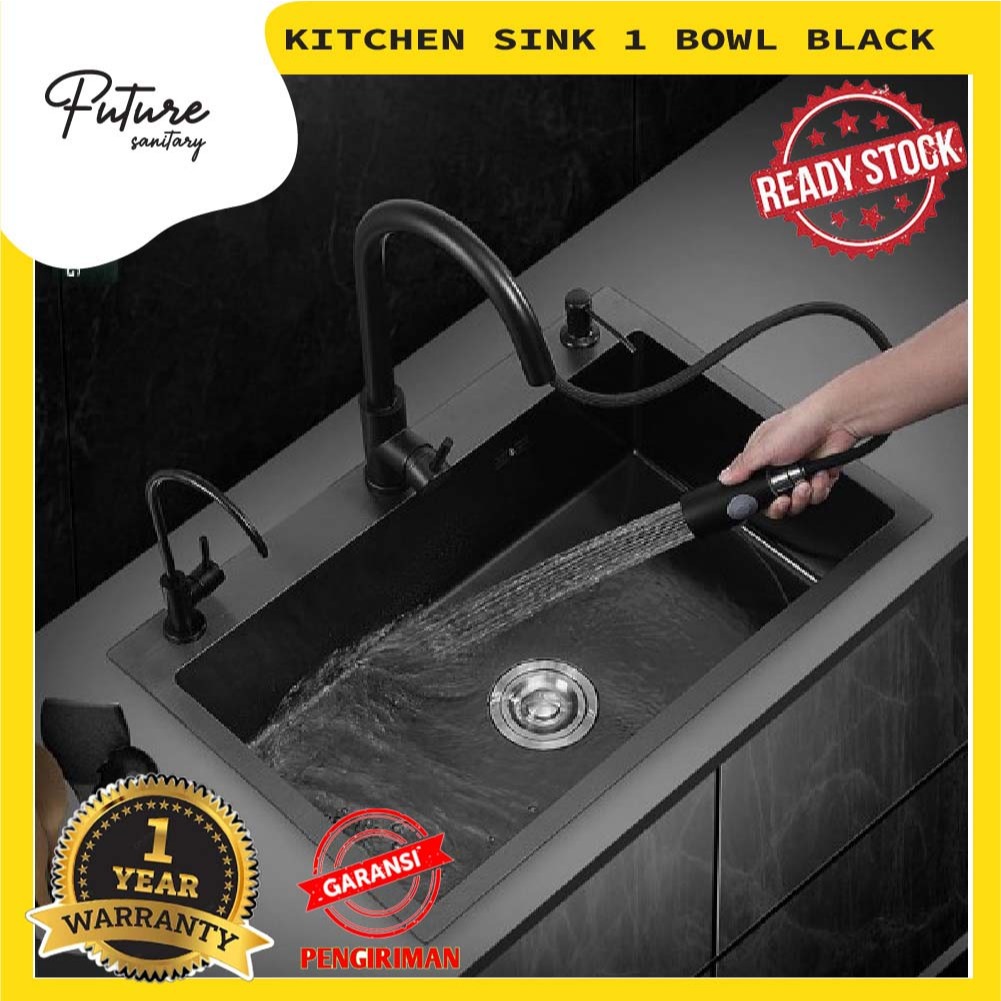 Bak Cuci Piring Ukuran 8050 Black / Kitchen Sink 1 Lubang Hitam Paket Kran Tarik