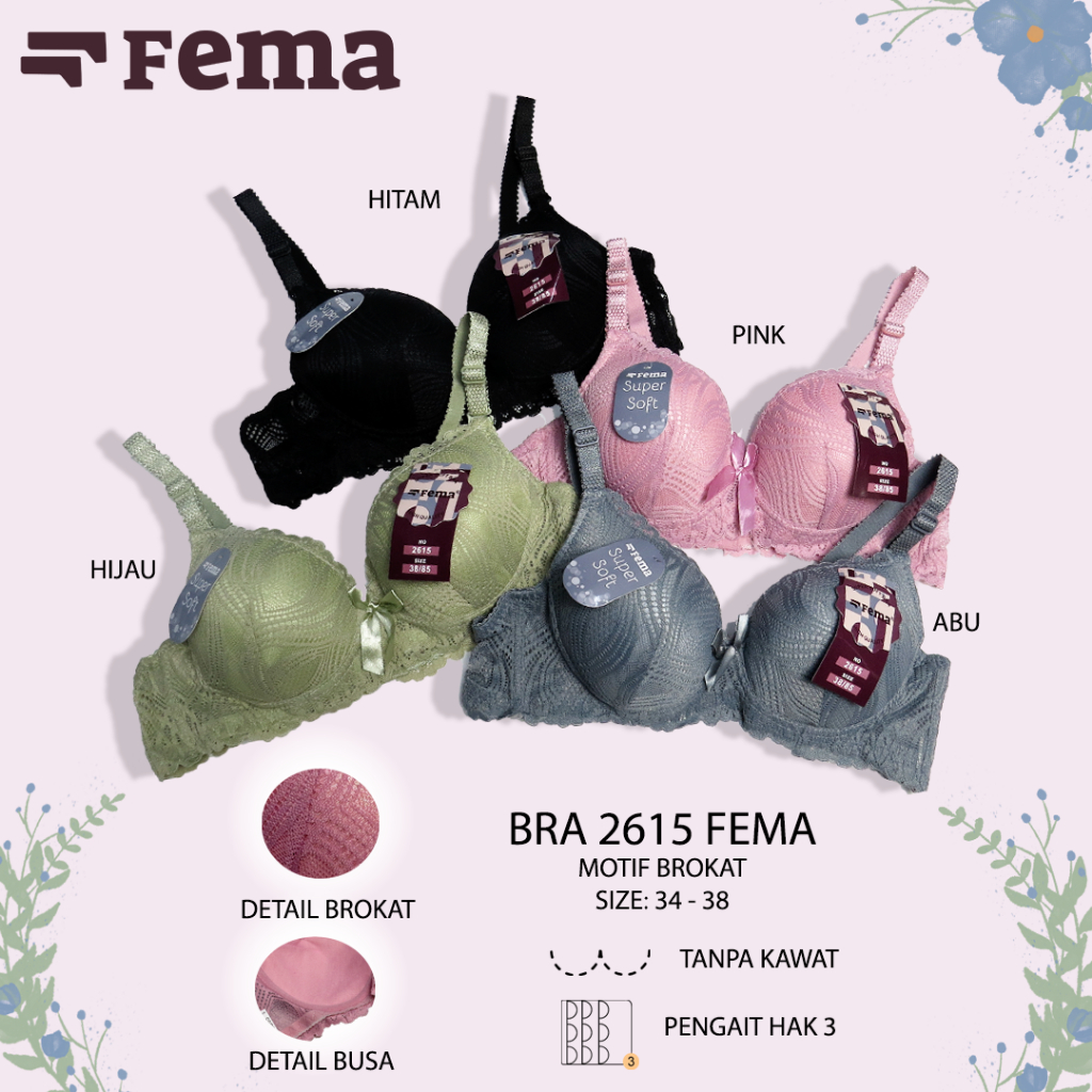 FEMA Official Shop Ecer 1 Pcs BH Bra 2615 Renda Brokat Tanpa Kawat