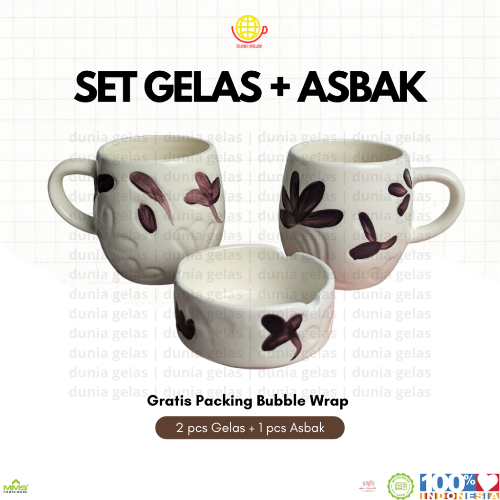 Set Gelas Freesia & Asbak / Gelas Keramik Set / Gelas 270 ml / Asbak Keramik / Gelas & Asbak / Gelas