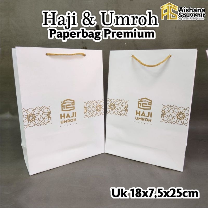 

Paperbag Haji Umroh Premium Bahan Ivory Ukuran P18 L7,5 T25cm Ready Stock Sablon Haji Umroh warna Emas