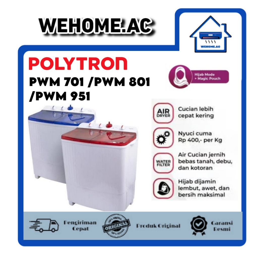 Mesin Cuci Polytron 2 Tabung PWM701 / PWM801 /  PWM951 Mesin Cuci Dua Tabung 7KG / 8KG / 9KG Polytro