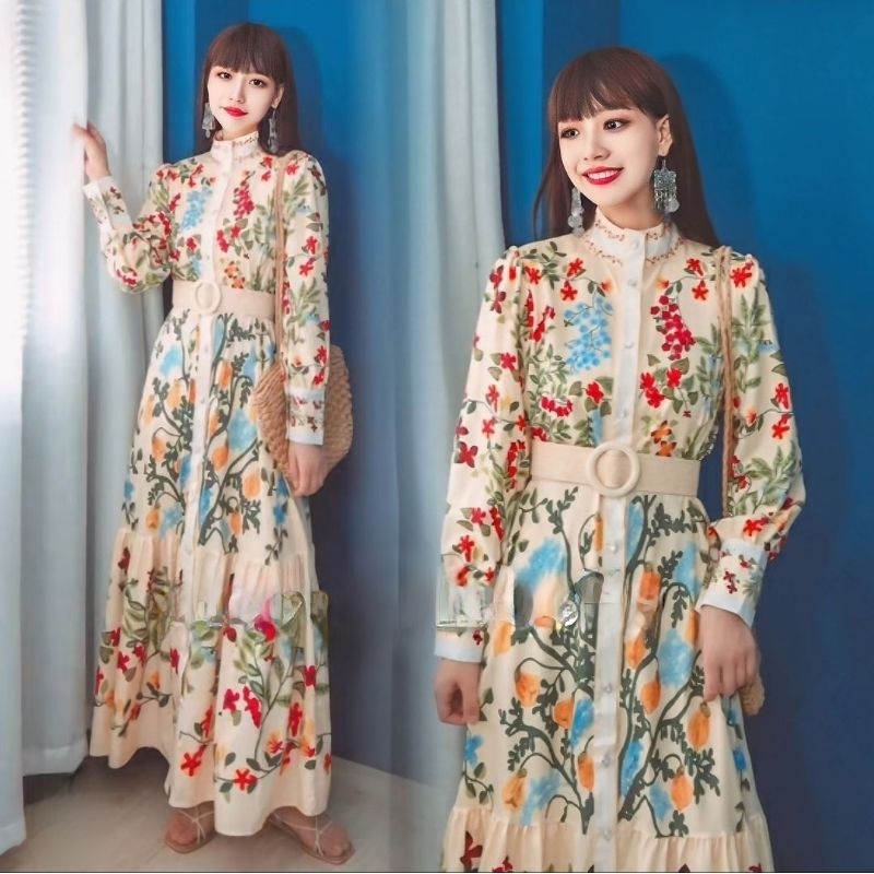 dress long sleeve high neck brown nude choco parisian paris vintage europe transparan gradasi bunga 